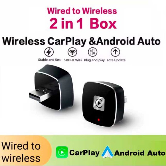 2-in-1 Wireless CarPlay Adapter for Android iPhone, Wired to Wireless CarPlay Box, USB Connection