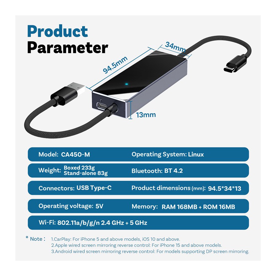 CA450-M OEM Mirror Touch Wireless CarPlay Adapter