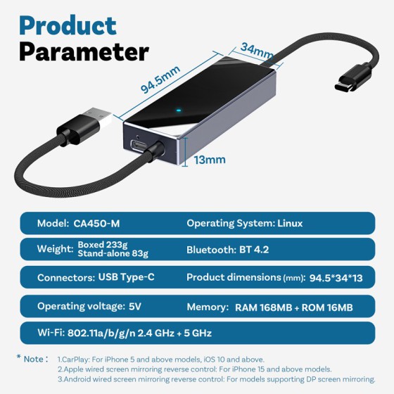 CA450-M Mirror Touch Wireless CarPlay Adapter