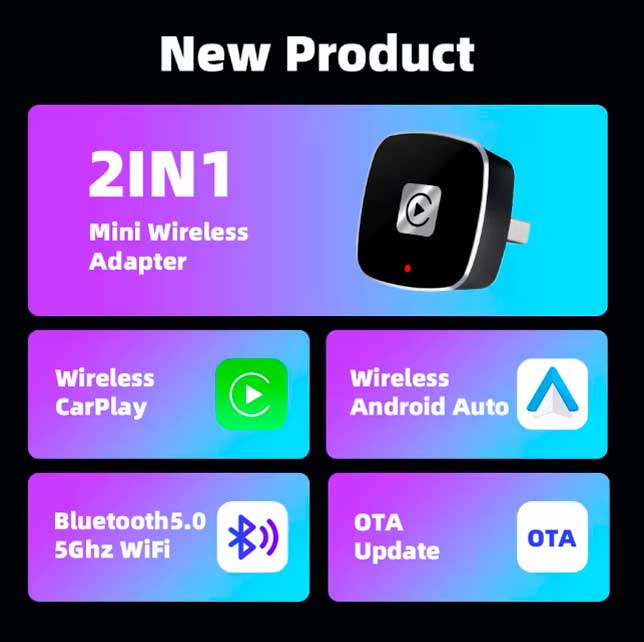 2-in-1 Wireless CarPlay Adapter for Android iPhone, Wired to Wireless CarPlay Box, USB Connection
